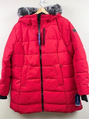 NWT Nautica XXL Red Puffer Jacket Faux Fur Hood Long Winter Parka Coat